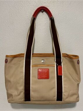 COACH VTG Y2K Hampton Weekender Tote Bag Leather Canvas Beige Red Brown Vintage